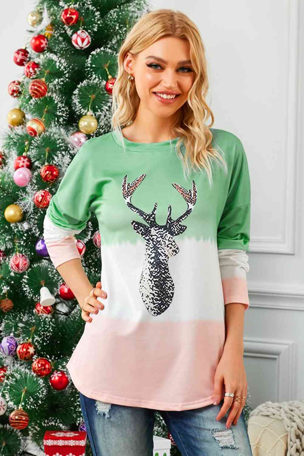 Reindeer Graphic Color Block Long Sleeve T-Shirt