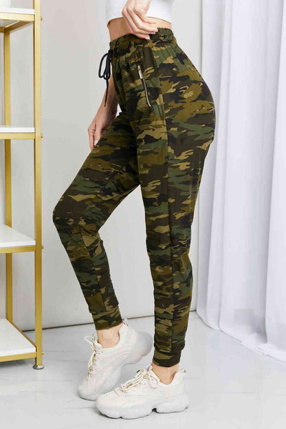 Leggings Depot Full Size Camouflage Drawstring Waist Zipper Detail Joggers