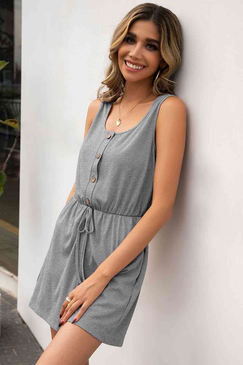 Buttoned Round Neck Sleeveless Romper