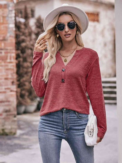 Double Take Buttoned Notched Neck Long Sleeve Top