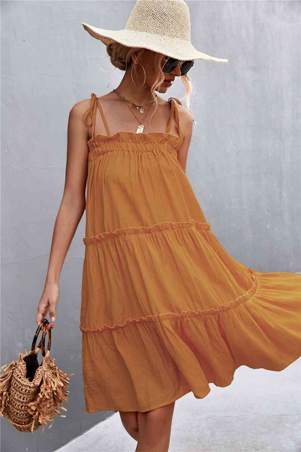 Tie-Shoulder Frill Trim Sleeveless Dress