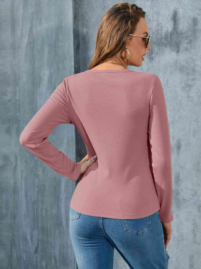 Buttoned Round Neck Long Sleeve T-Shirt