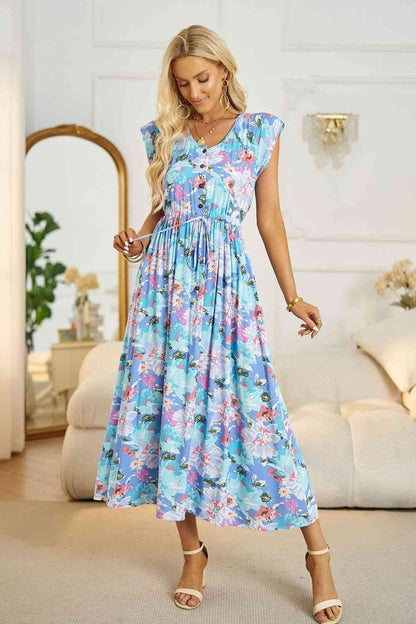 Vestido midi floral con cuello en V y línea A