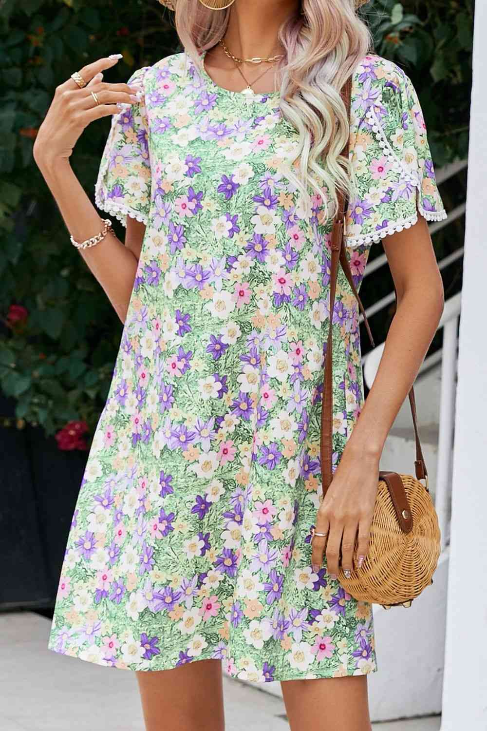 Floral Pom Pom Detail Petal Sleeve Dress