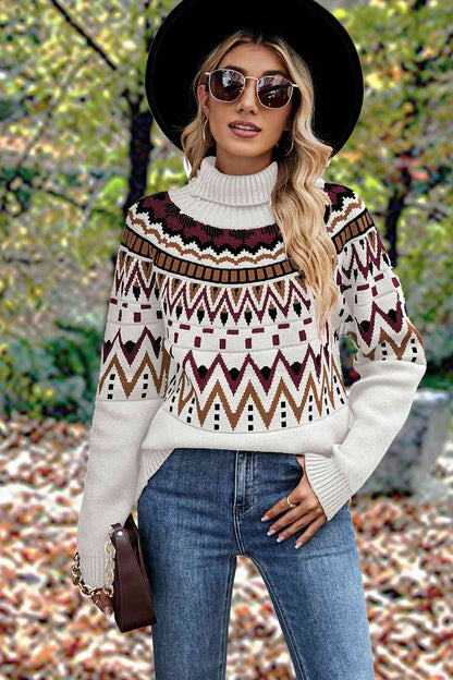 Geometric Turtleneck Long Sleeve Sweater