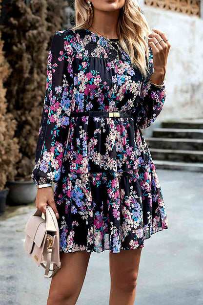 Smocked Floral Print Long Sleeve Mini Dress