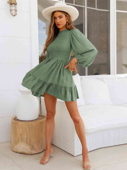 Round Neck Puff Sleeve Smocked Dress