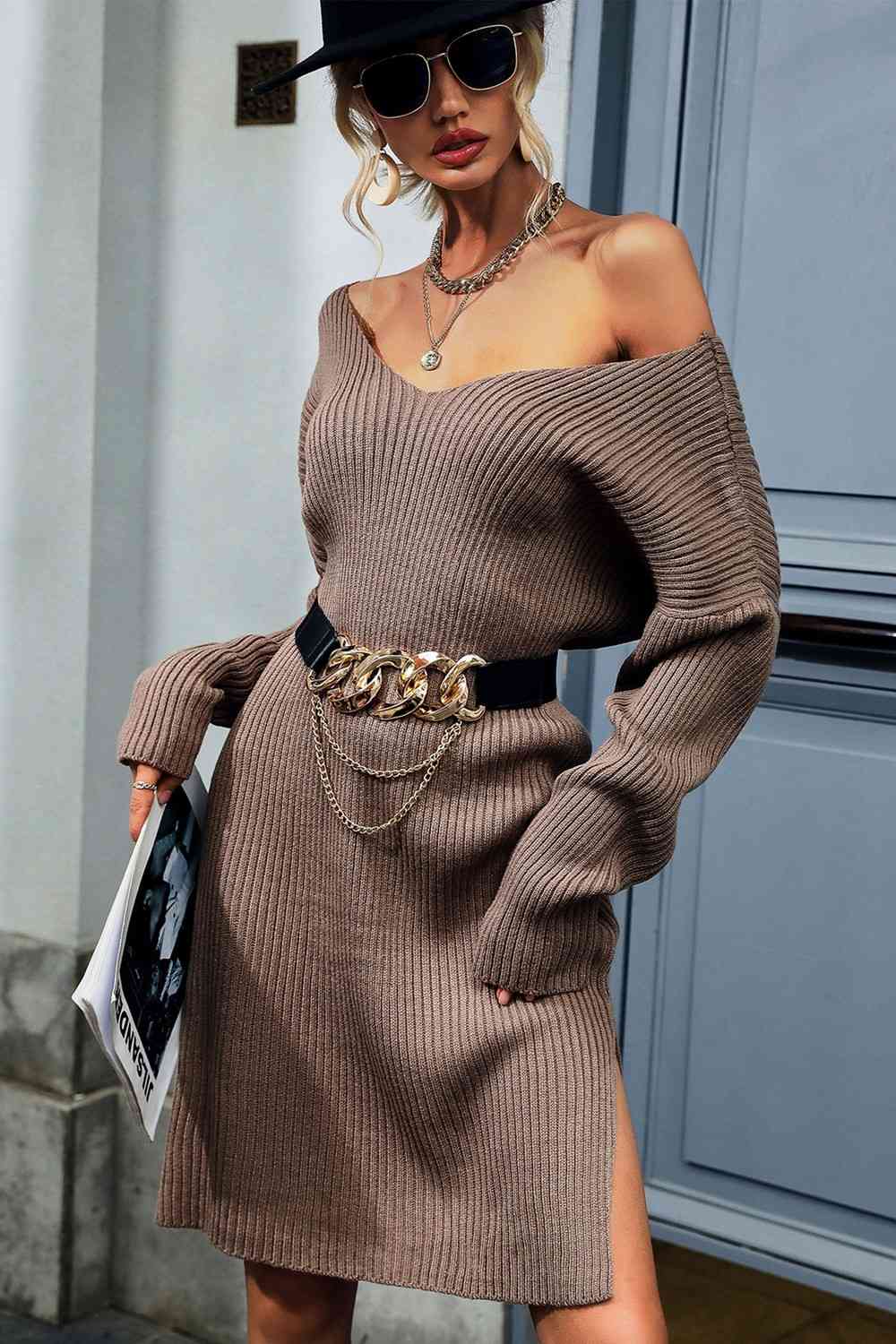 Vestido estilo suéter tejido con cuello en V y punto de canalé derecho