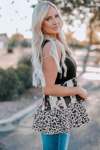 Leopard Floral Color Block V-Neck Tank Top