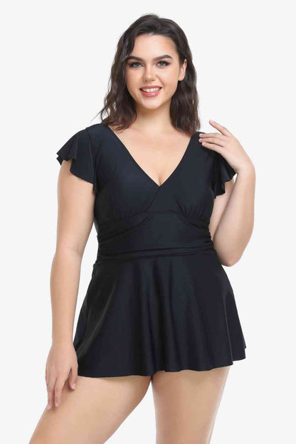 Plus Size Ruffled Plunge Swim Dress and Bottoms Set