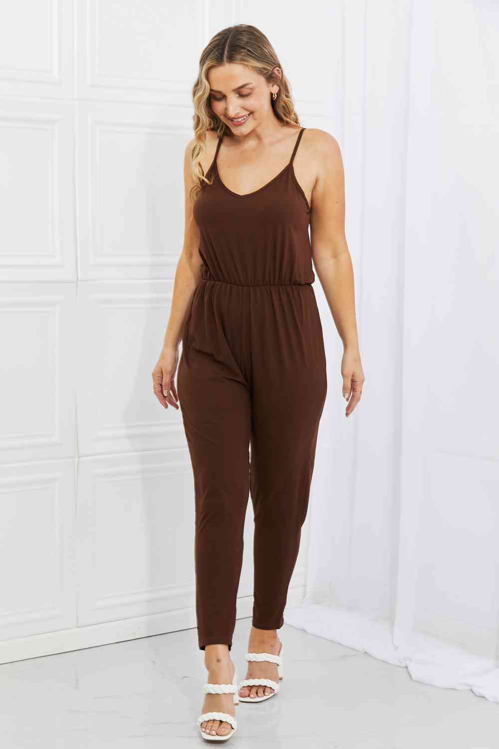 Capella Comfy Casual Combinaison taille élastique unie pleine taille en chocolat