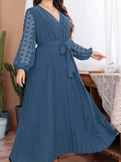 Robe Longue à Pois Suisse avec Lien à la Taille de Grande Taille