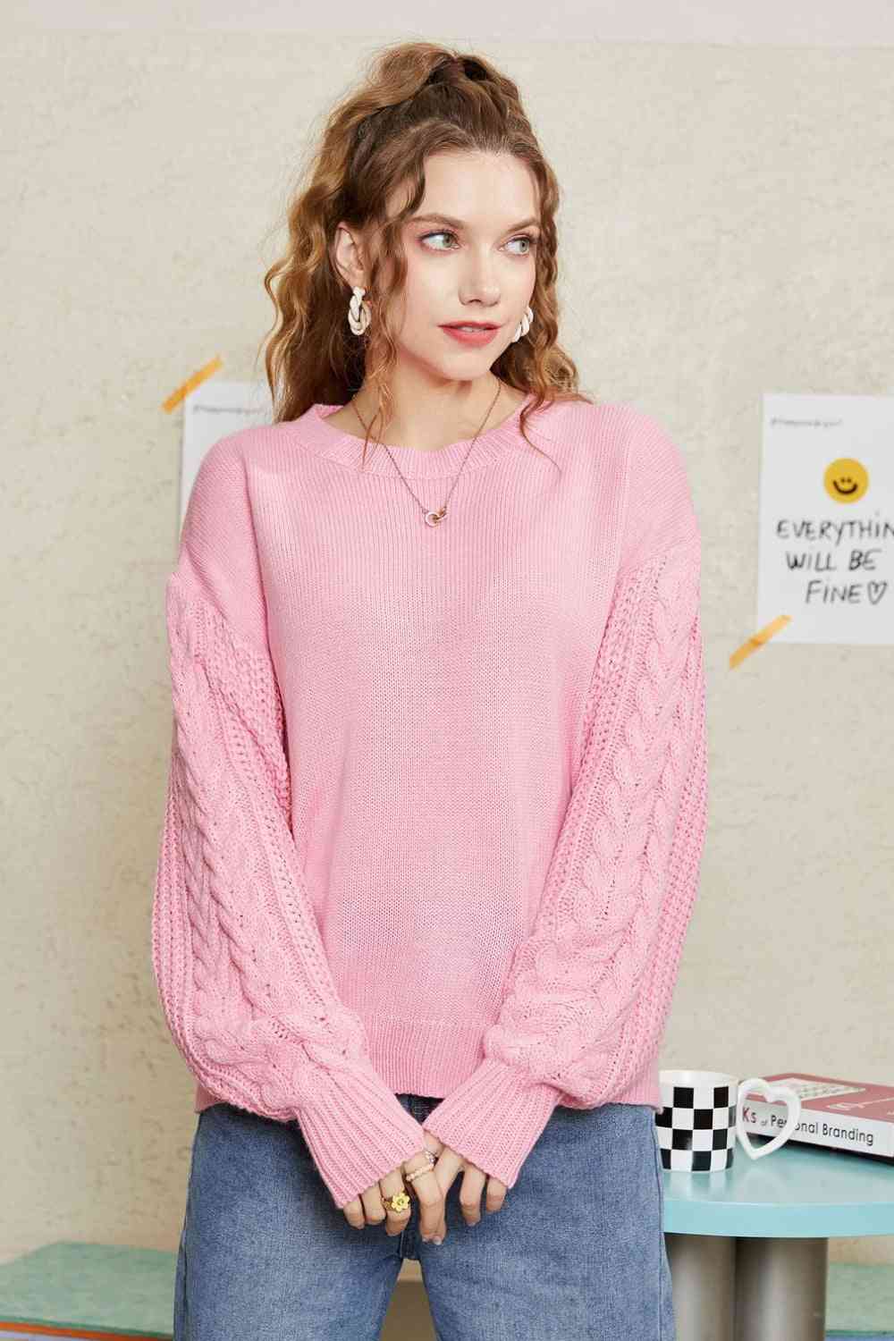 Double Take Round Neck Cable-Knit Dropped Shoulder Sweater
