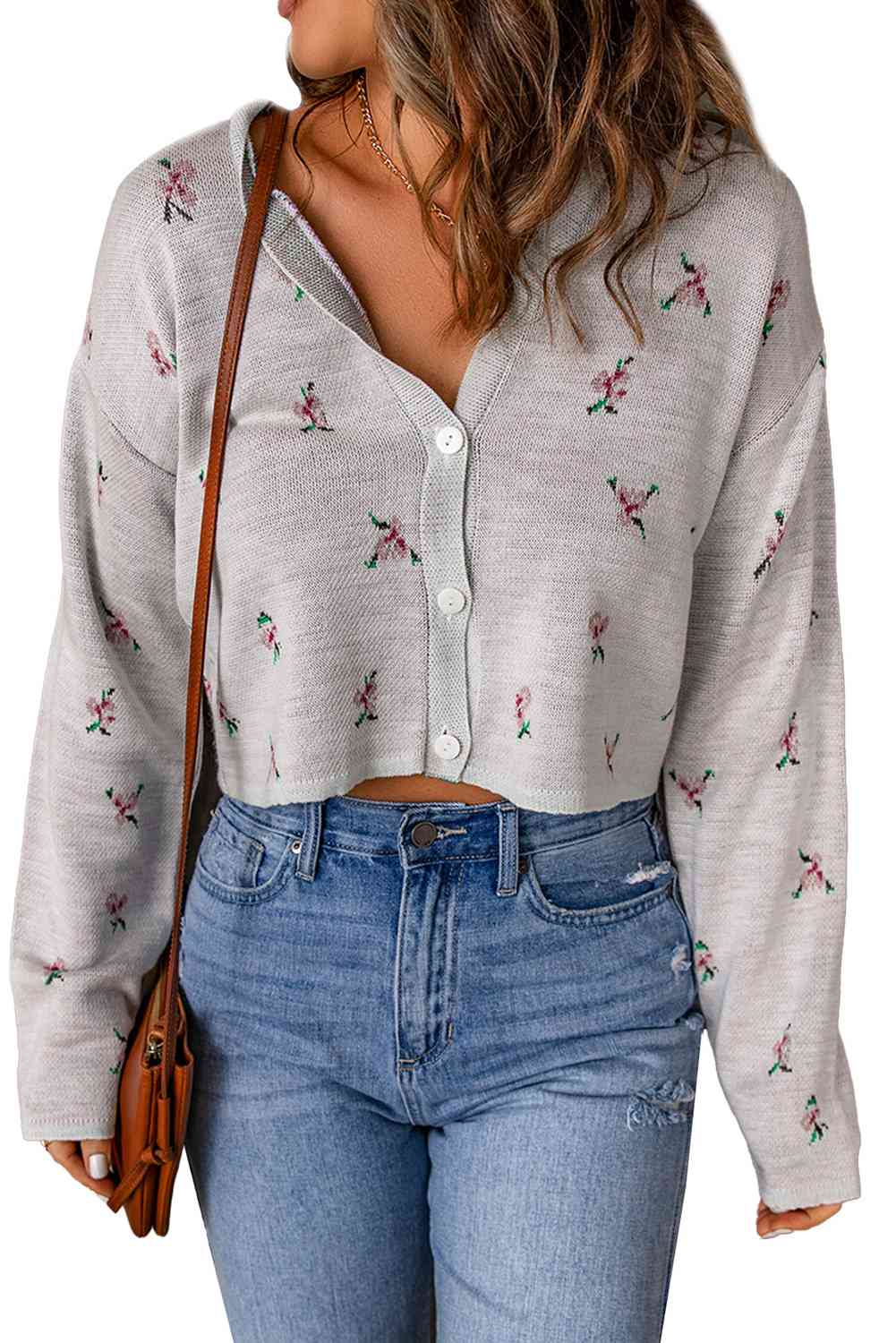 Floral Button Down Cropped Cardigan