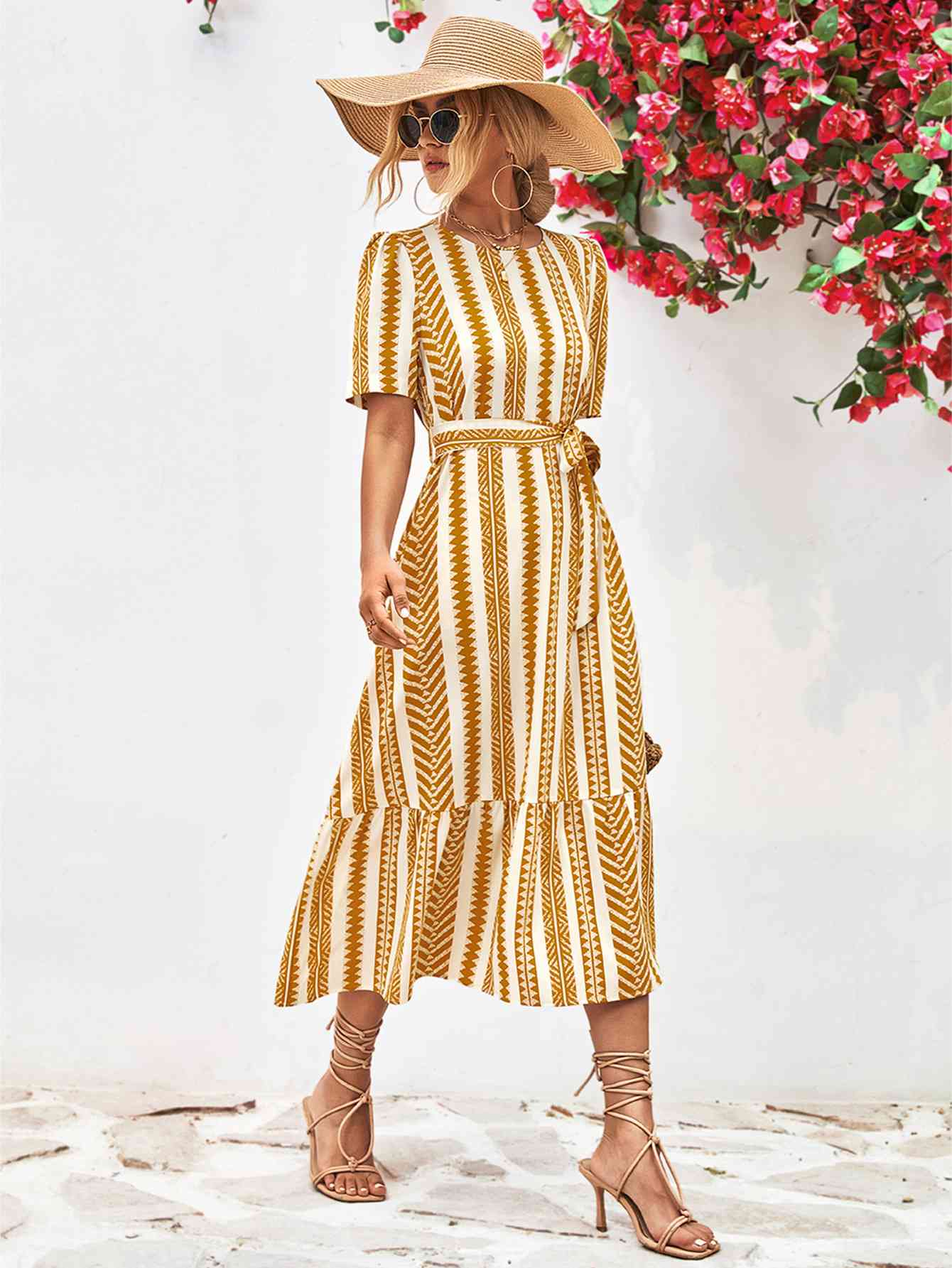 Striped Tie Belt Round Neck Puff Sleeve Dress