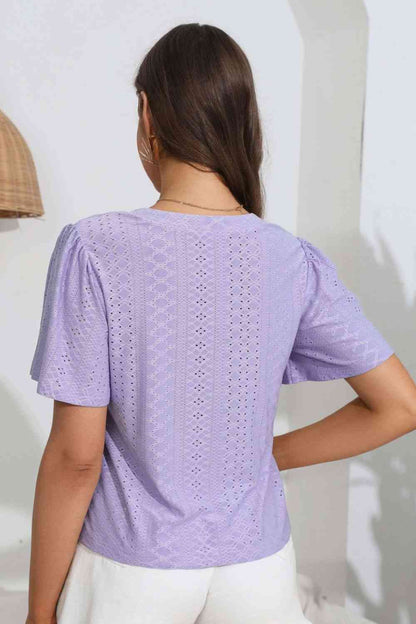 Eyelet V-Neck Flutter Sleeve Top