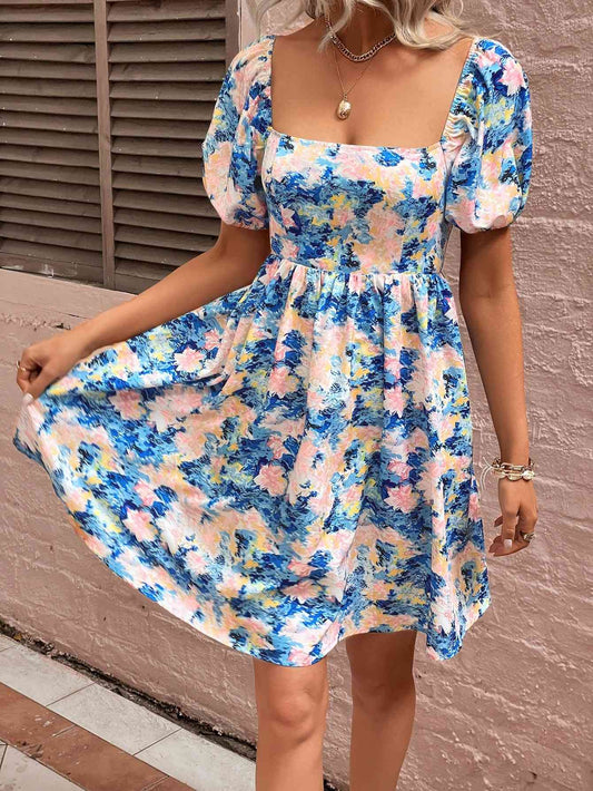 Floral Square Neck Puff Sleeve Dress