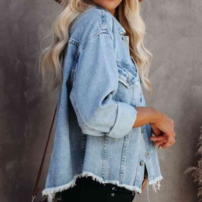 Dropped Shoulder Collared Neck Button-Down Denim Jacket