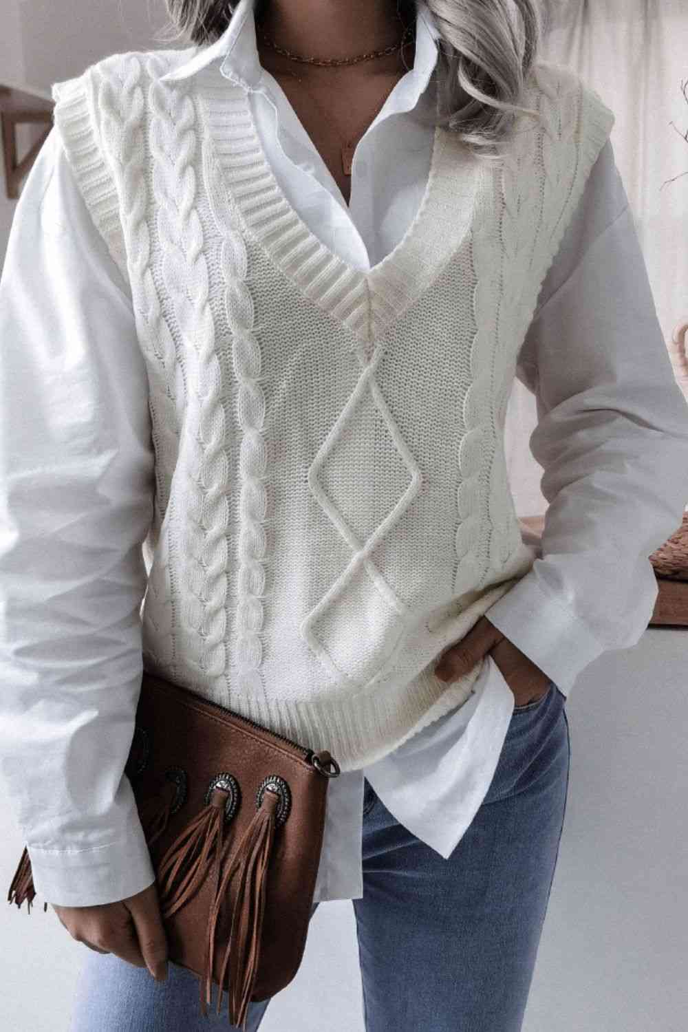 Chaleco estilo suéter con cuello en V y canalé de punto trenzado