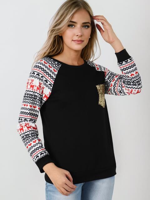 Sequin Round Neck Raglan Sleeve Top