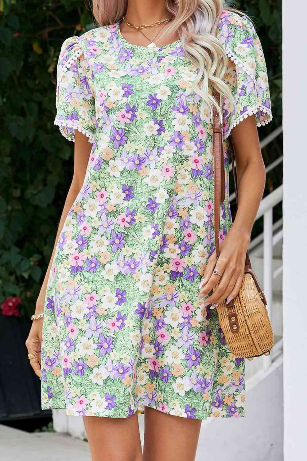 Floral Pom Pom Detail Petal Sleeve Dress