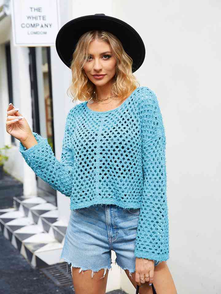 Round Neck Openwork Dropped Shoulder Knit Top