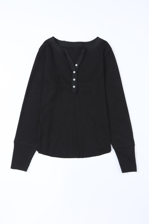 Waffle Knit Buttoned Notched Neck Long Sleeve T-Shirt