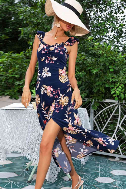 Vestido midi con abertura y cuello cuadrado sin mangas con estampado floral