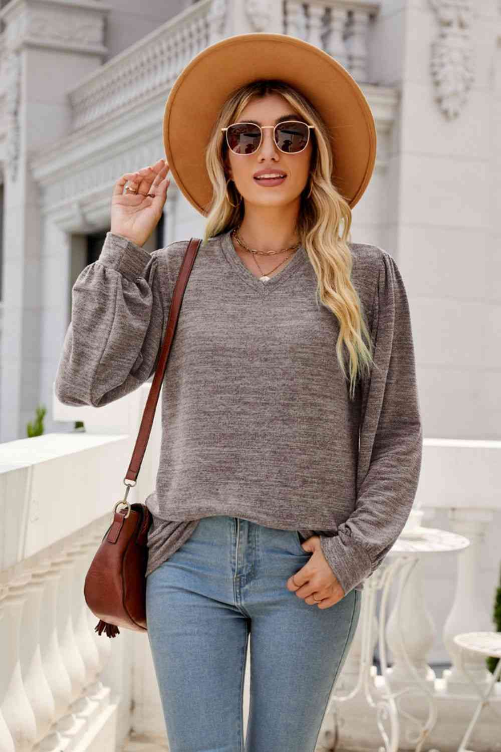 Long Puff Sleeve V-Neck Top