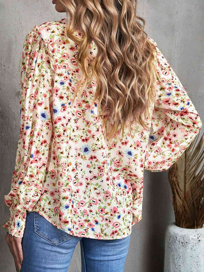 Floral Frill Trim V-Neck Flounce Sleeve Blouse