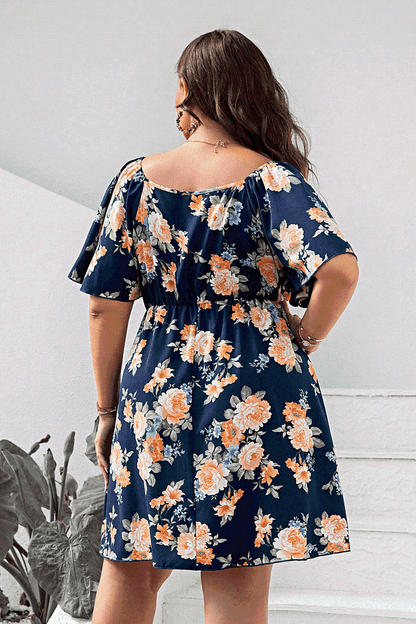 Mini-Robe Florale Imprimée à Col en V et Manches Flutter de Grande Taille