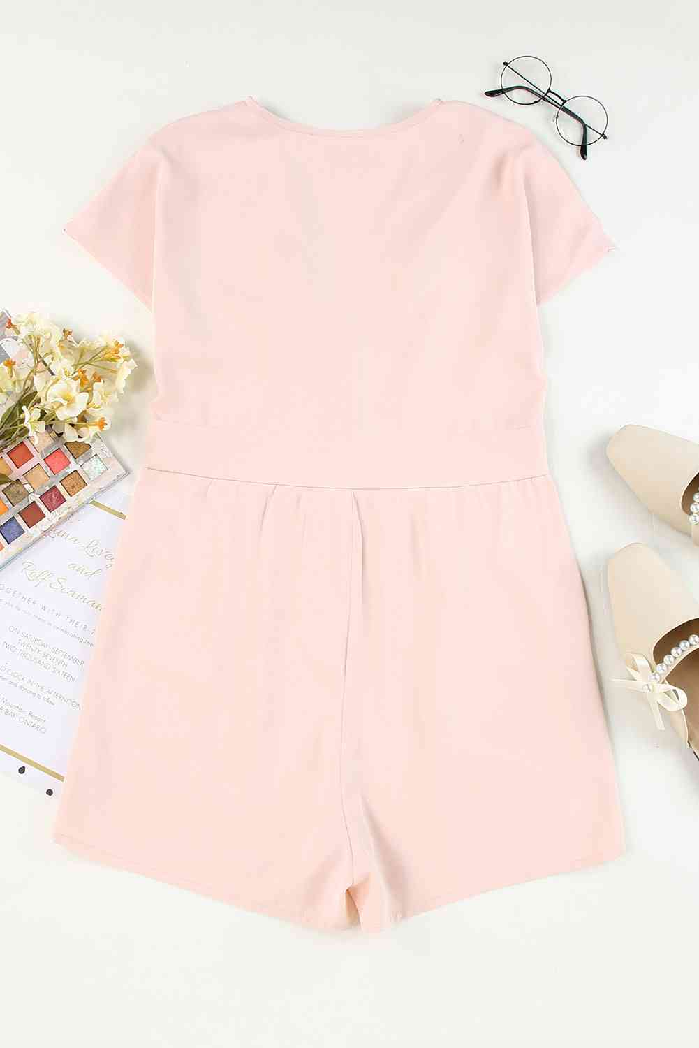 Buttoned V-Neck Short Sleeve Romper