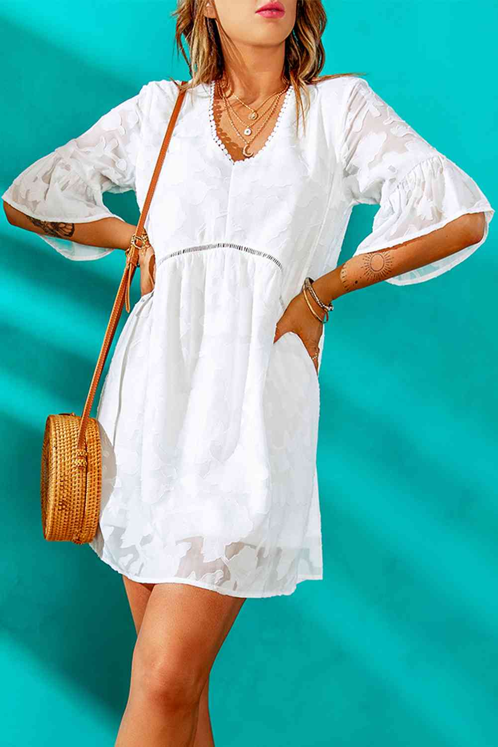 Applique V-Neck Flounce Sleeve Mini Dress