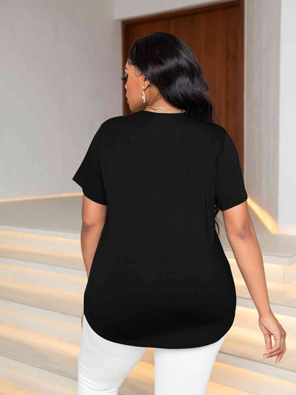 T-shirt à Manches Courtes et Col en V Pailleté de Grande Taille