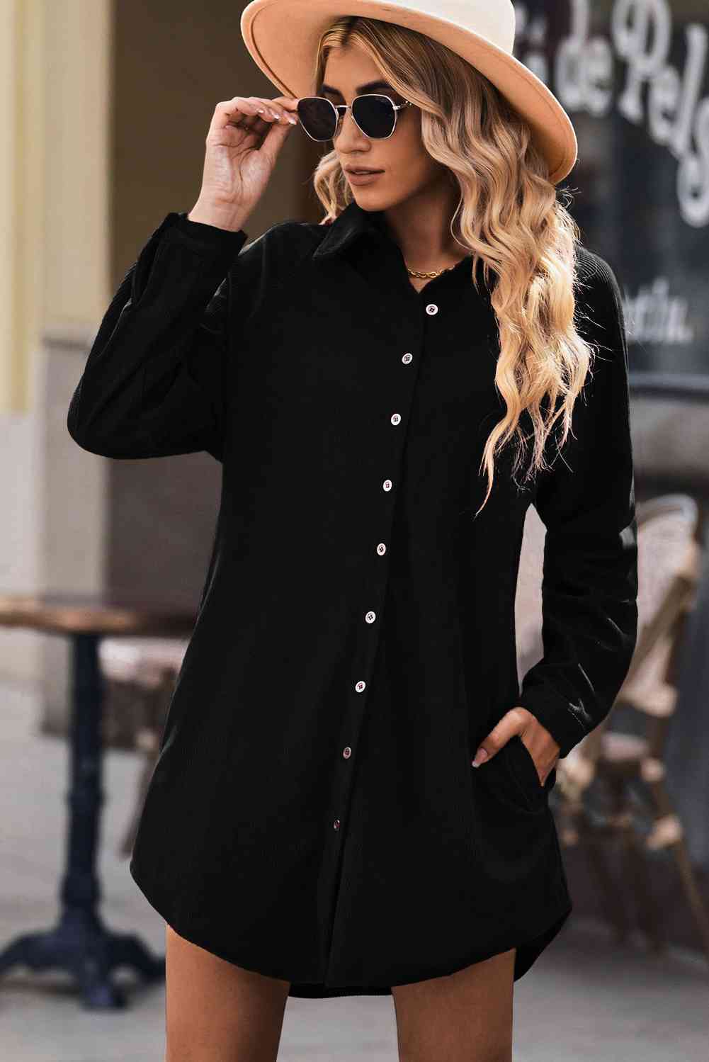 Button Front Curved Hem Raglan Sleeve Shirt Dress