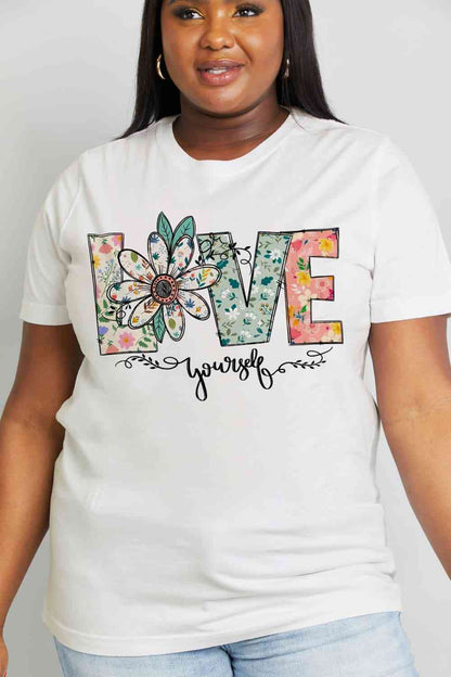 Camiseta de algodón con gráfico LOVE YOURSELF de tamaño completo de Simply Love