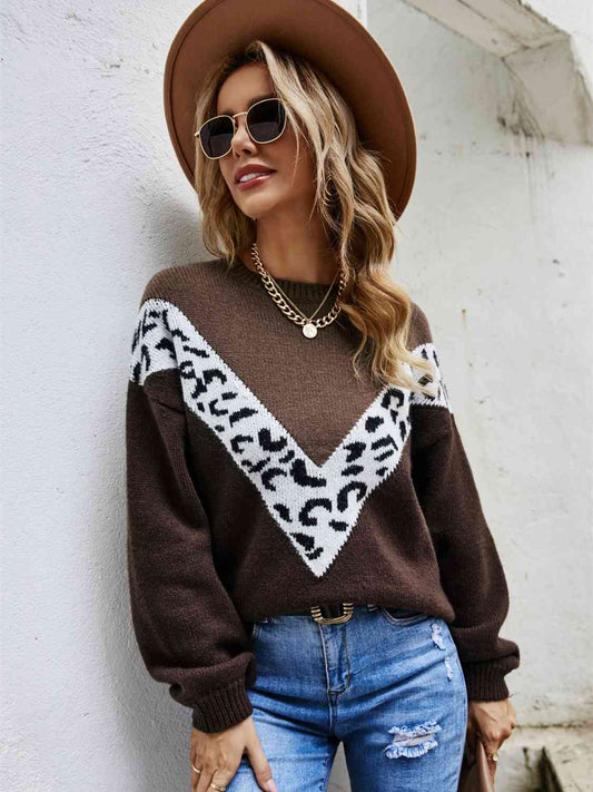 Suéter de cuello redondo de leopardo