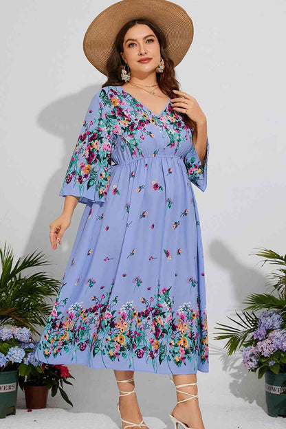 Robe Midi Florale à Col en V et Manches Trois-Quarts de Grande Taille