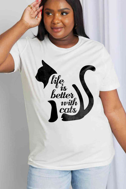 Simply Love Simply Love Taille réelle LA VIE EST MEILLEURE AVEC LES CHATS T-shirt en coton graphique