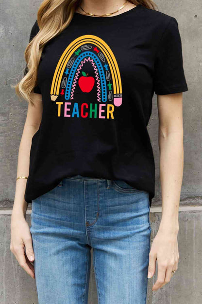 Camiseta de algodón con gráfico de arco iris TEACHER de tamaño completo de Simply Love