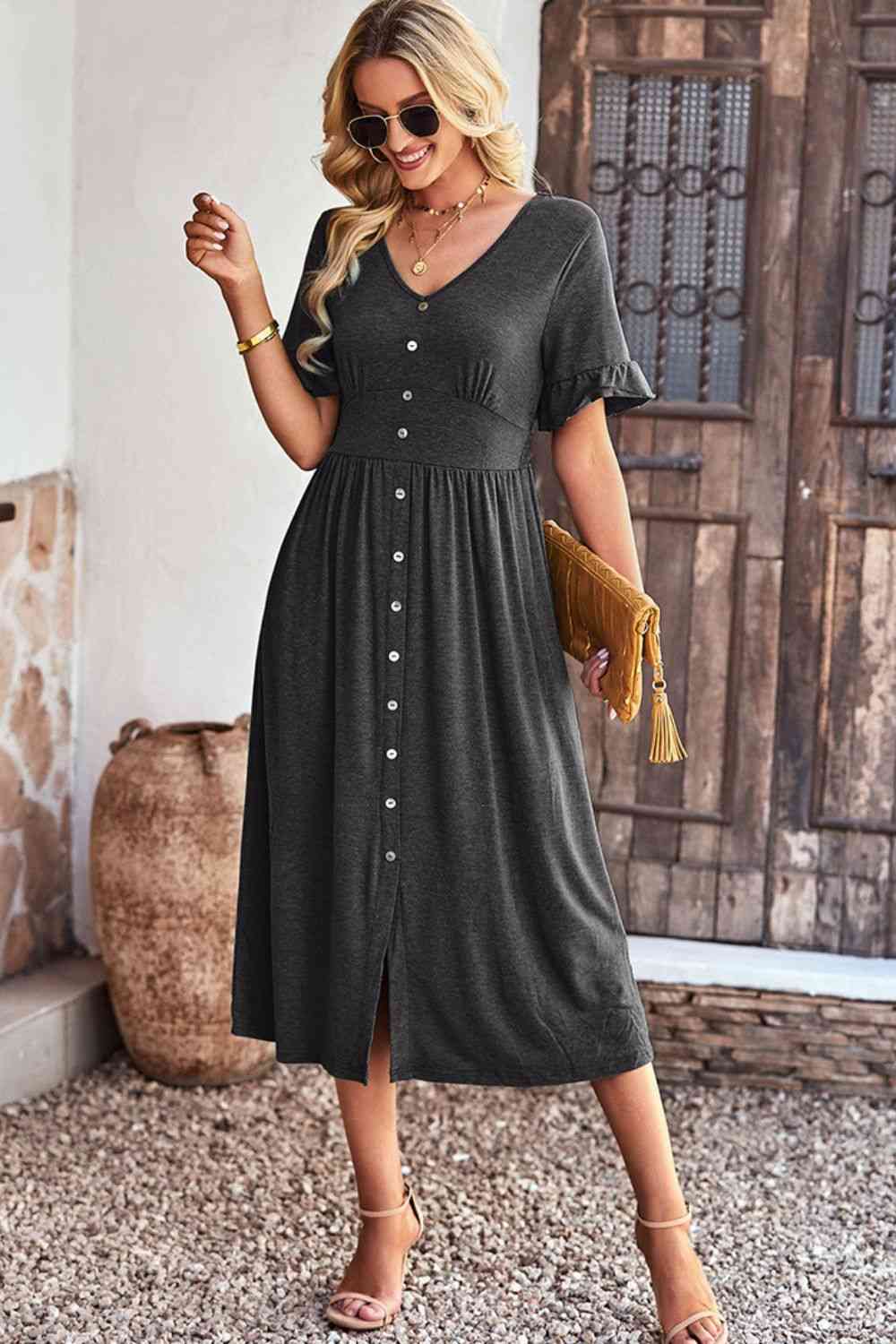 Gathered Detail Buttoned V-Neck Midi Dress