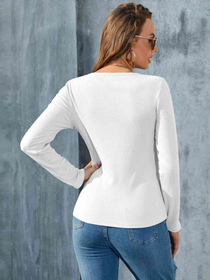 Buttoned Round Neck Long Sleeve T-Shirt