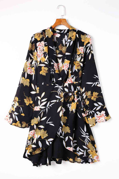 Floral Tie Waist Flare Sleeve Dress