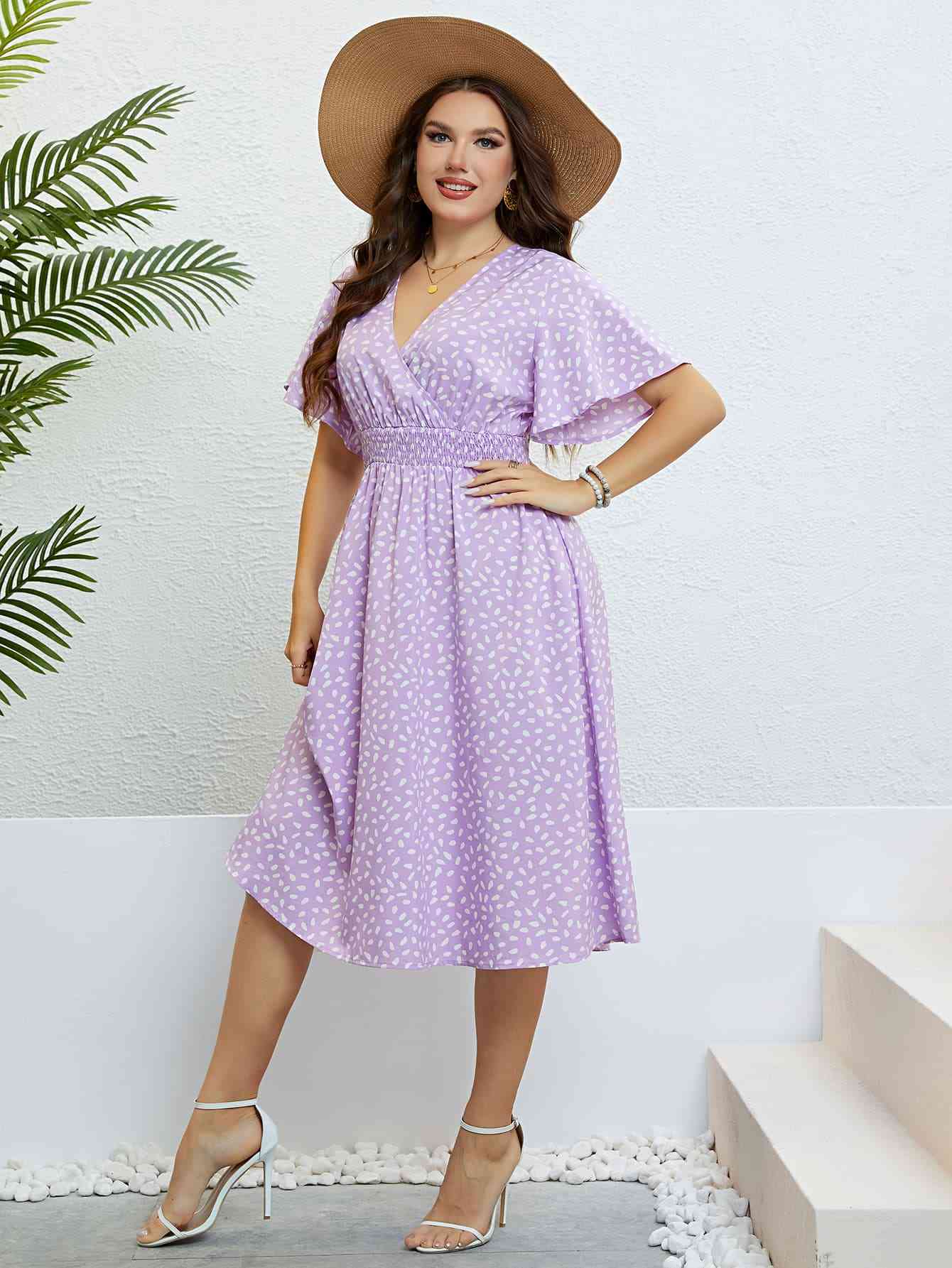 Robe Surplis Imprimée à Taille Smockée de Grande Taille