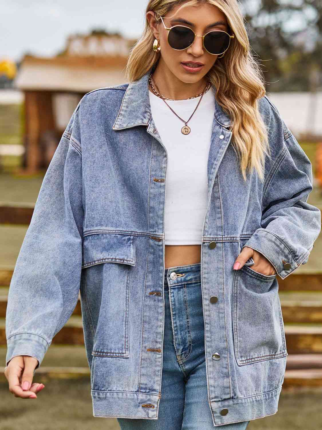 Veste en jean à épaules tombantes avec poches