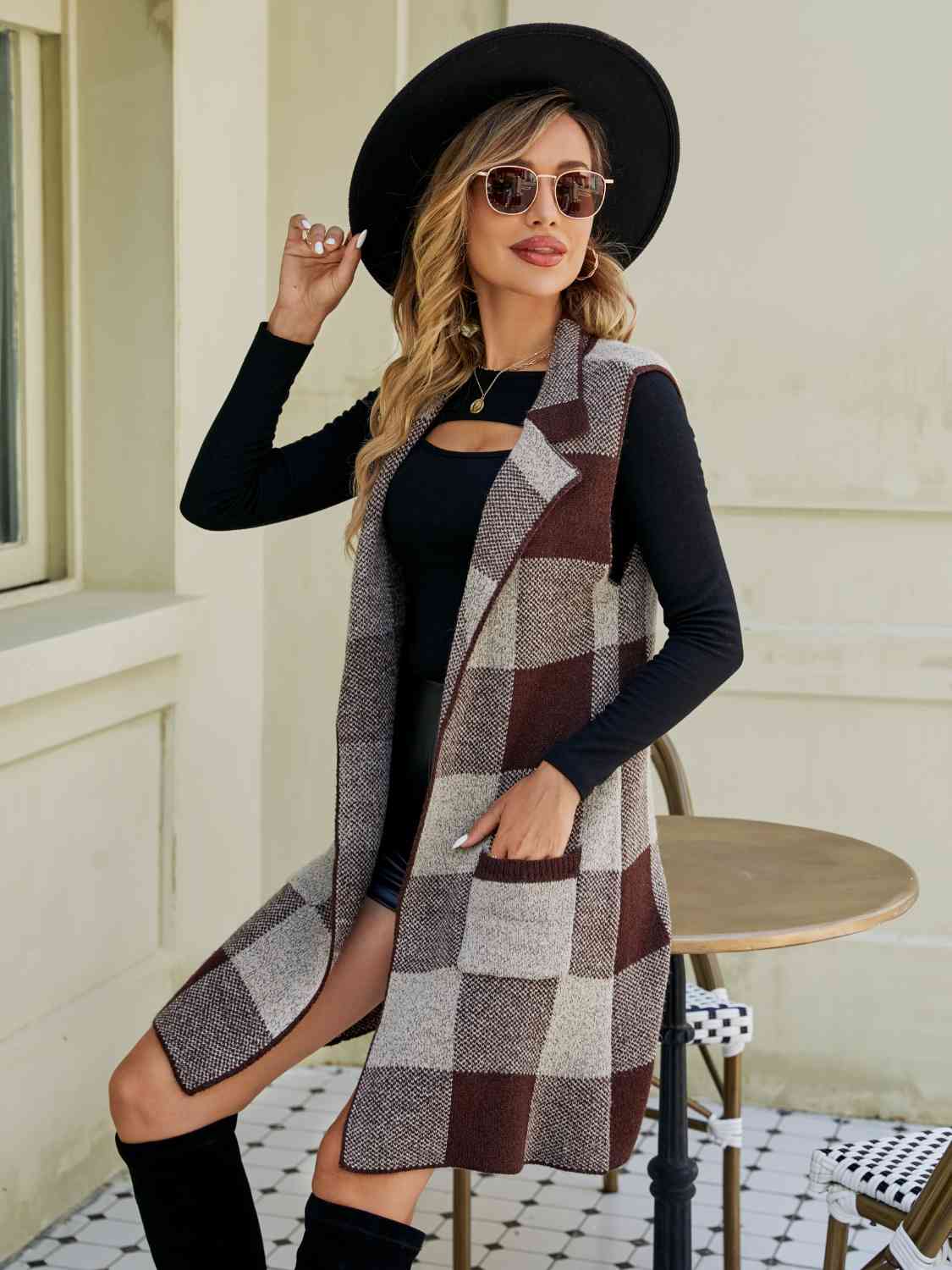 Cardigan sans manches à col à revers et carreaux