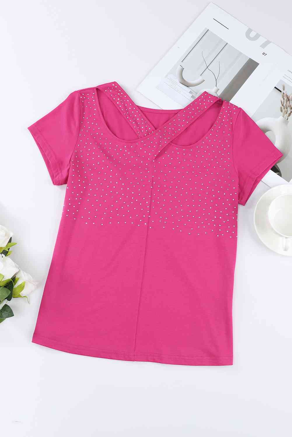 Rhinestone Crisscross Short Sleeve Top