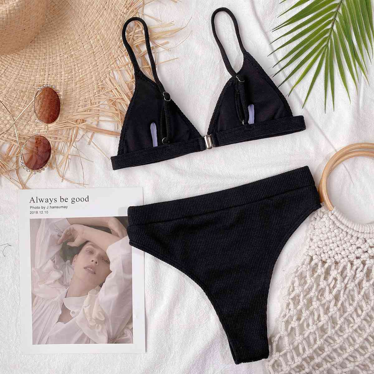 Conjunto de bikini acanalado con tirantes finos