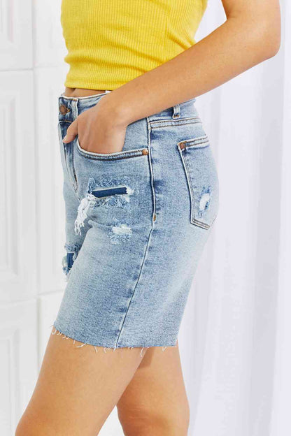 Judy Blue Hallie Mid-Length Denim Patch Shorts