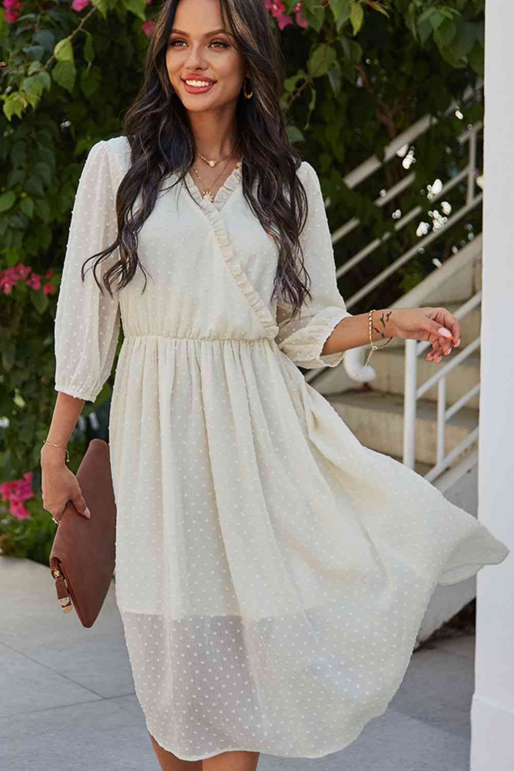 Swiss Dot Frill Trim Surplice Dress